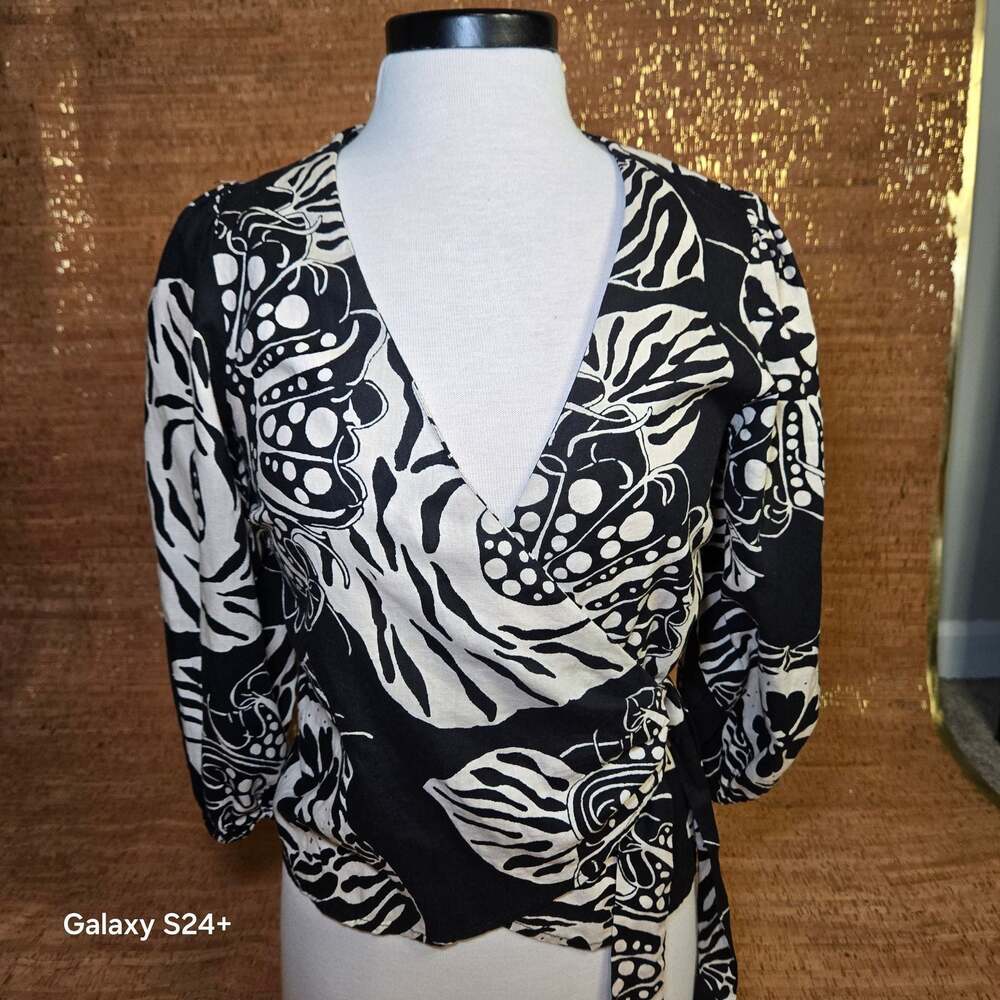 Christian Siriano New York Linen Blend Tropical Leaf Print Wrap Top Size S